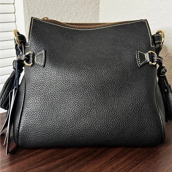 NEW! Dooney & Bourke Black Leather Tassel. Shoulder Bag with Gold Accents - Picture 2 of 9